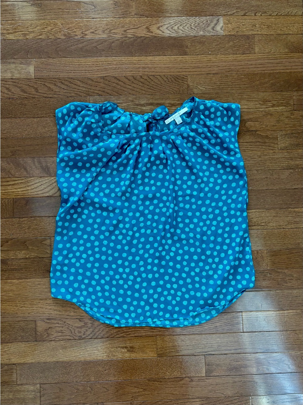 Lauren Conrad Turquoise Polka Dot Sleeveless Blouse with Tie Back Bow